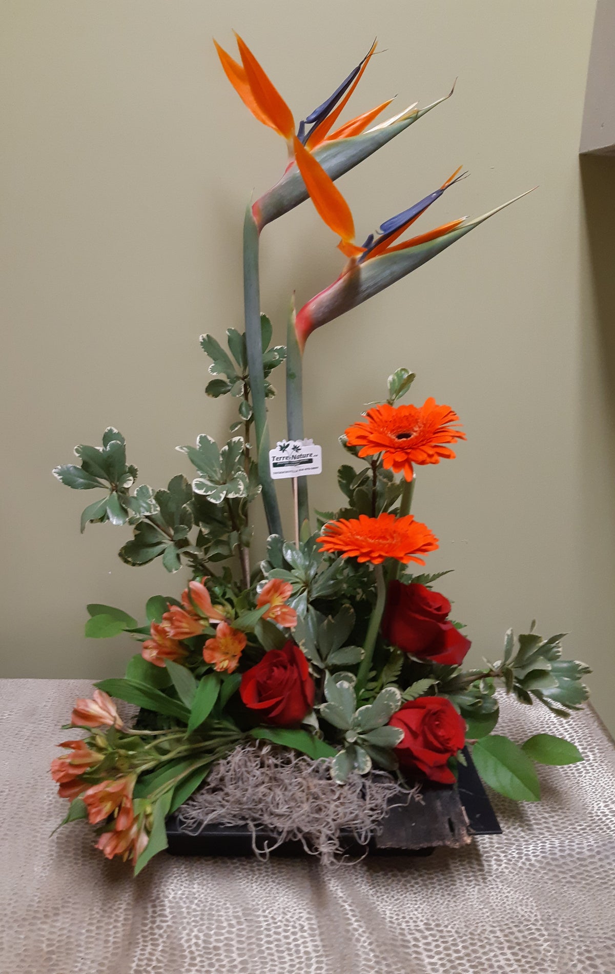 Arangement En Longueur Roses Rouges Superbe arrangement floral avec Oiseaux du Paradis et Roses dans les ...