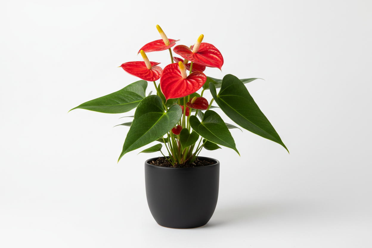 anthurium écarlate dans pot noir de 6 pouces