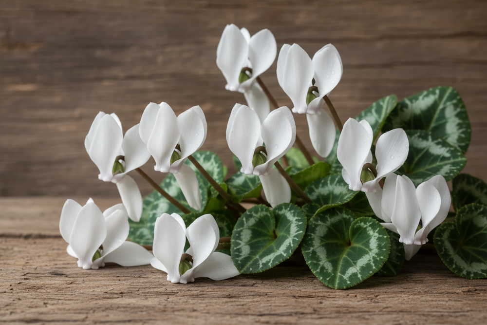 
                  
                    cyclamen blanc sur un fond de bois
                  
                