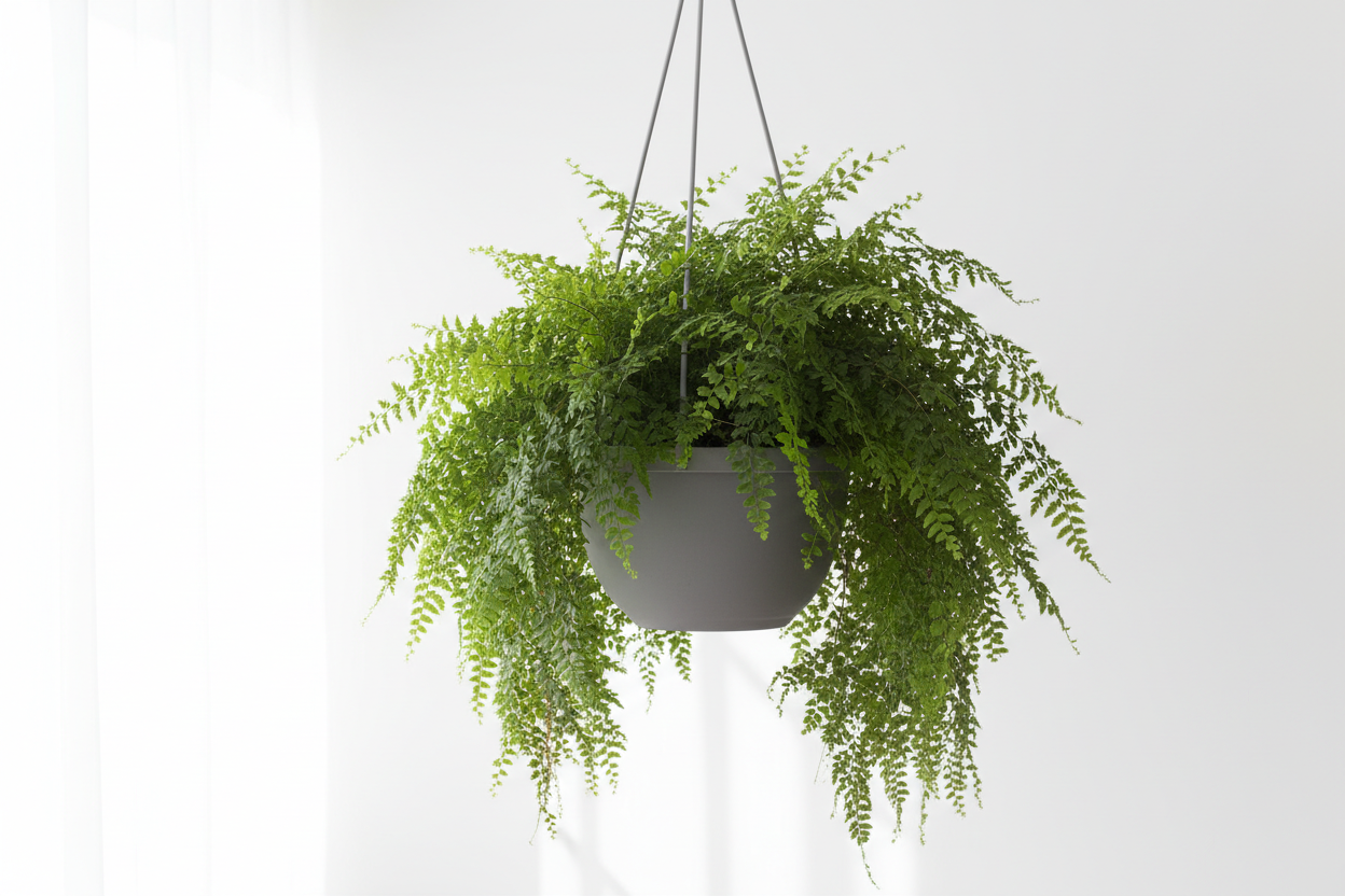fougere de boston dans un pot suspendu gris