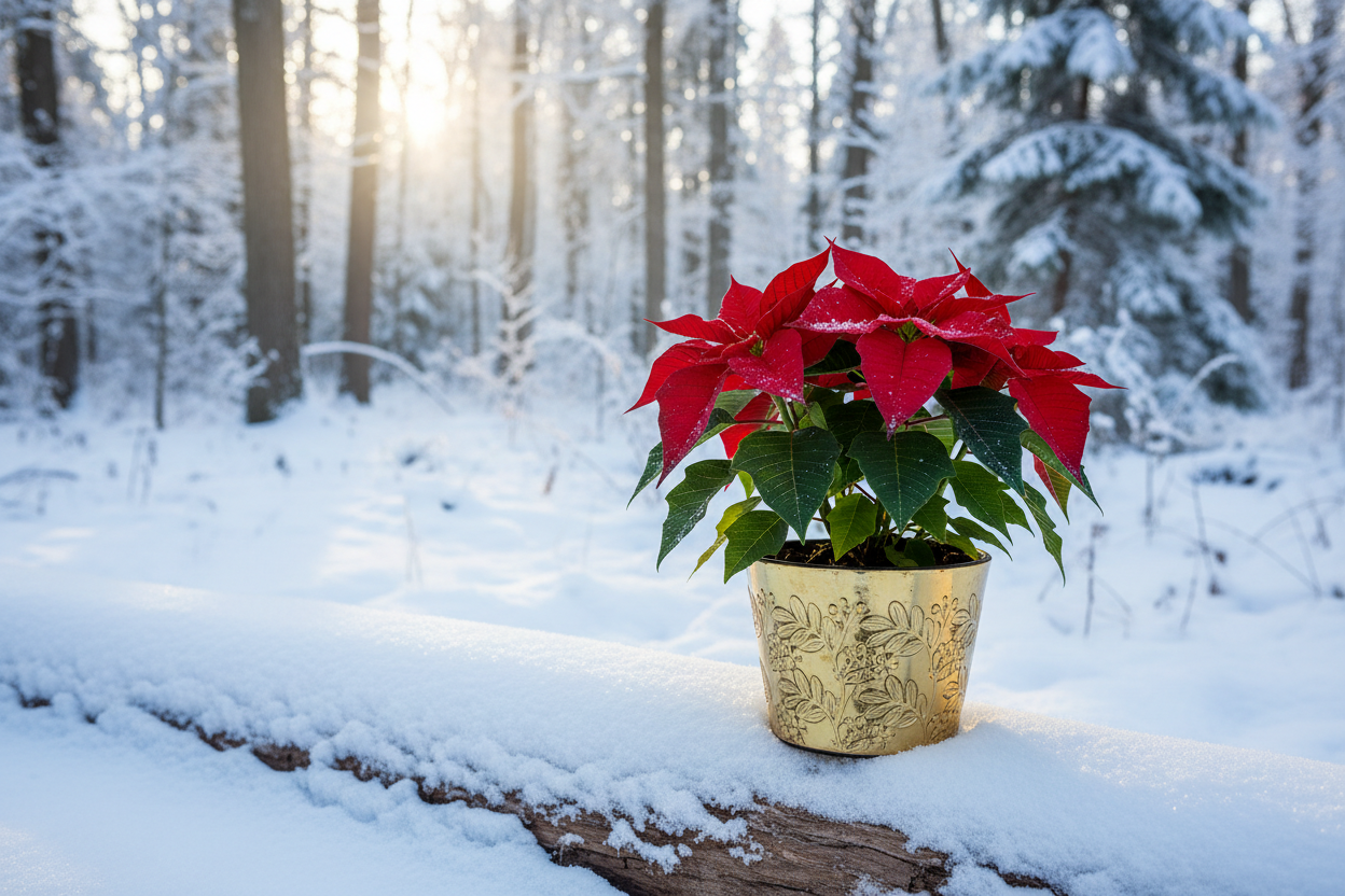poinsettia rouge 10po dans un pot or dans un fond de foret enneigée