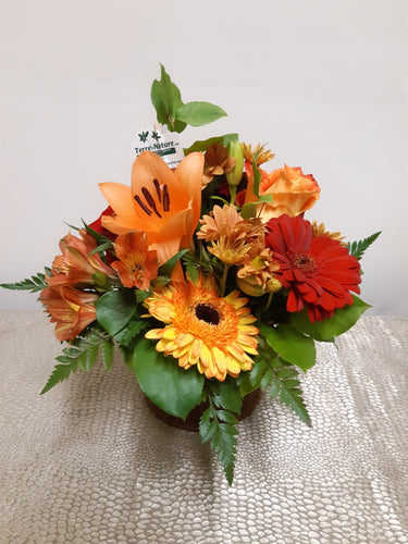 Bouquet aux couleurs chaudes avec Gerberas, Roses et Lys