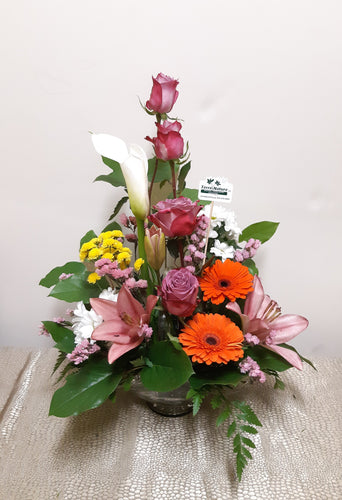 Bouquet en hauteur avec Gerberas, Lys Calla et Roses