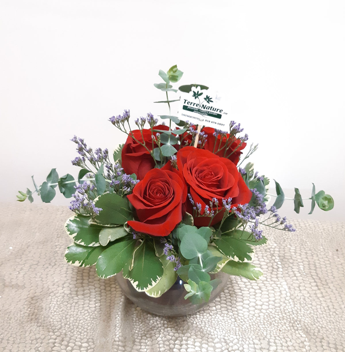 Arangement En Longueur Roses Rouges Arrangement floral avec 4 Roses rouges courtes (vase inclus), parfait ...