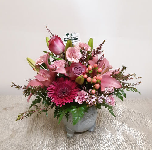 Bouquet tout en rose avec Lys, Roses et Gerberas