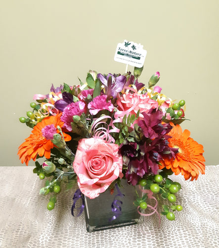 Bouquet festif et coloré avec Roses, Gerberas et Lisianthus